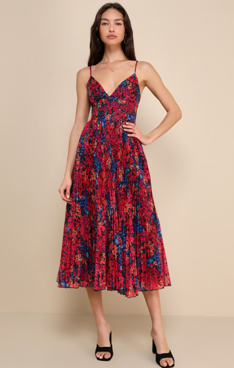 Black Multi Floral Pleated Midi Dress